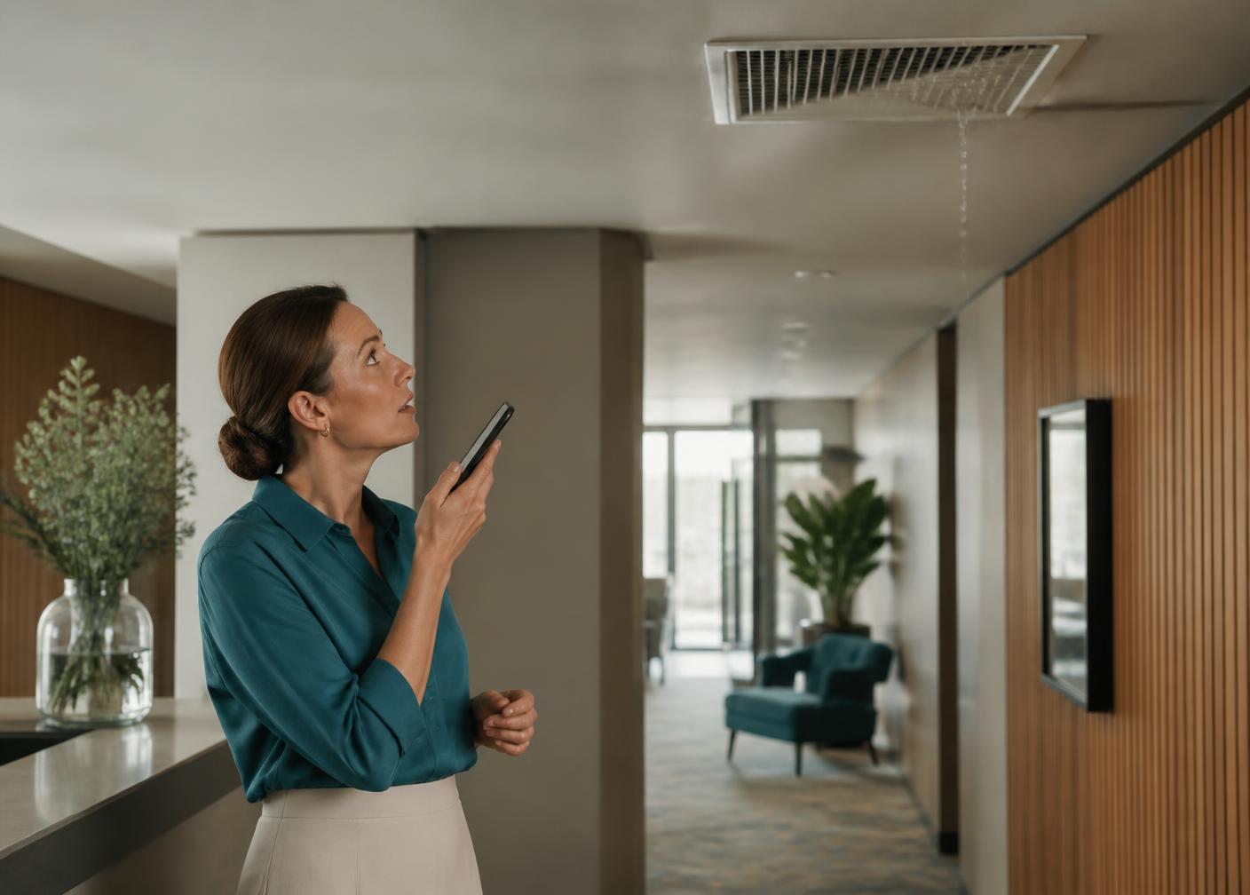 Hotel staff member using her phone to report water leaking from an air-conditioning vent