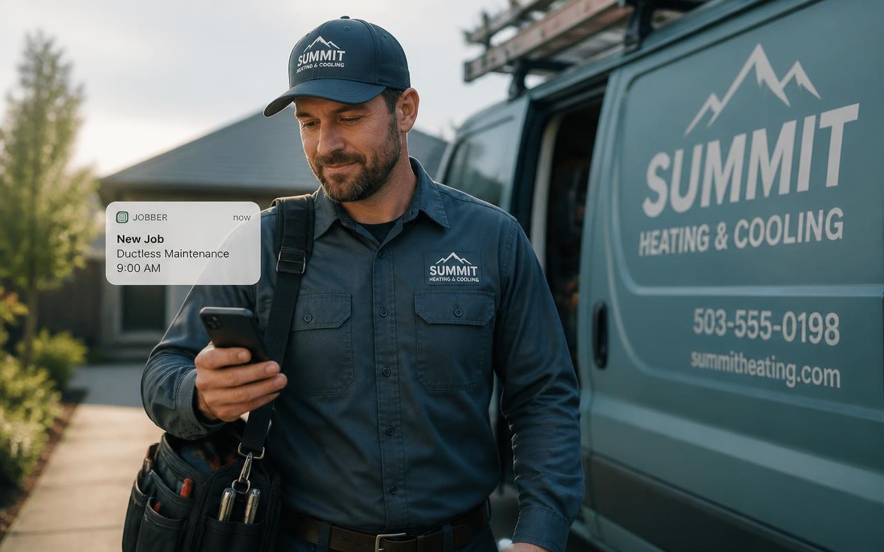 Trade technician receiving a new job on his phone beside his van