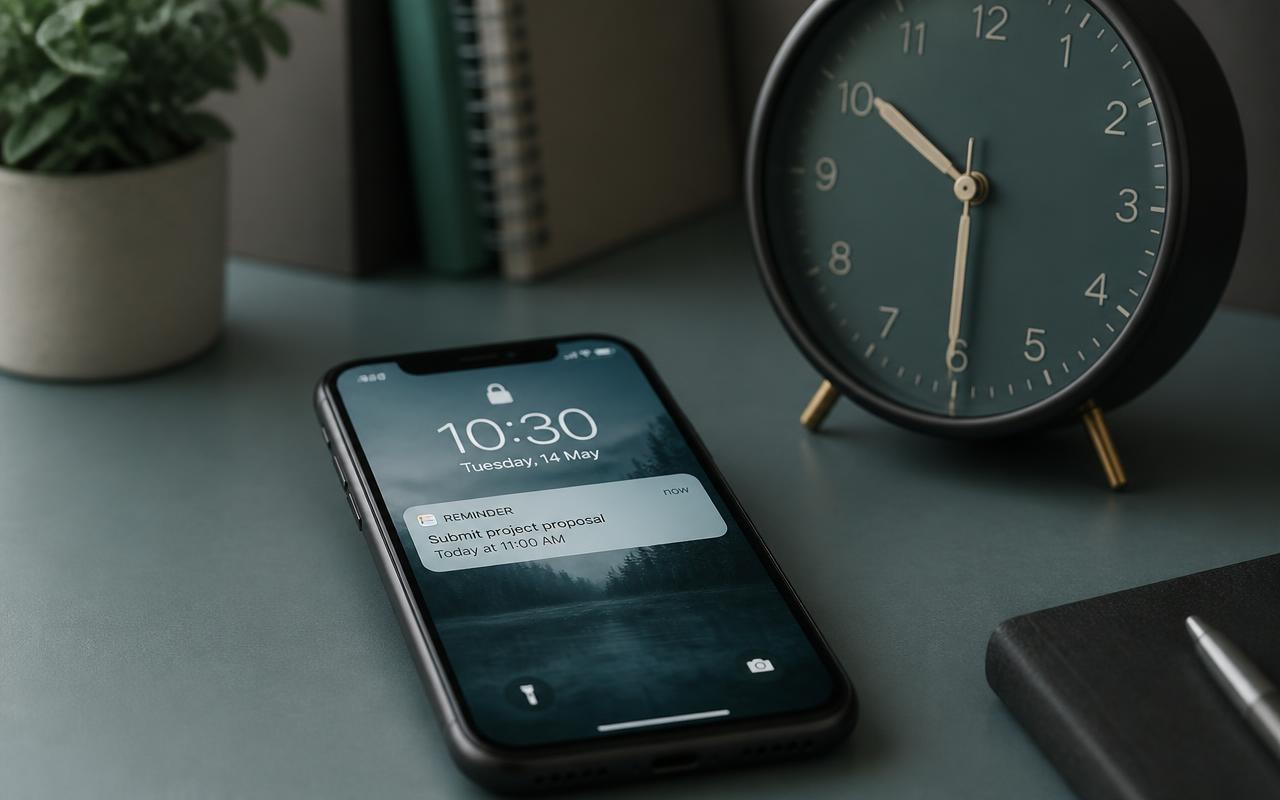 Phone on a desk showing an automatic follow-up reminder beside a clock