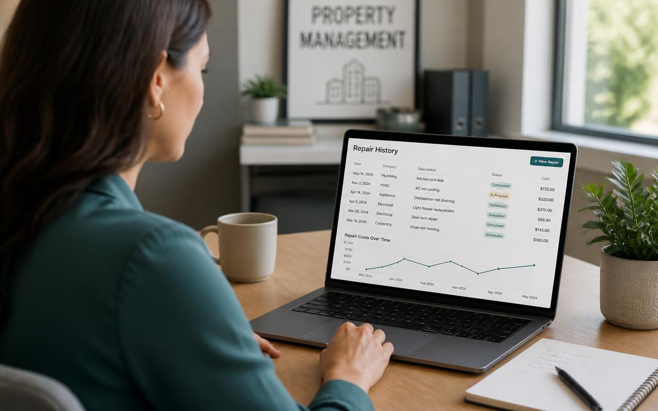 Property manager reviewing repair history and cost trends on a laptop