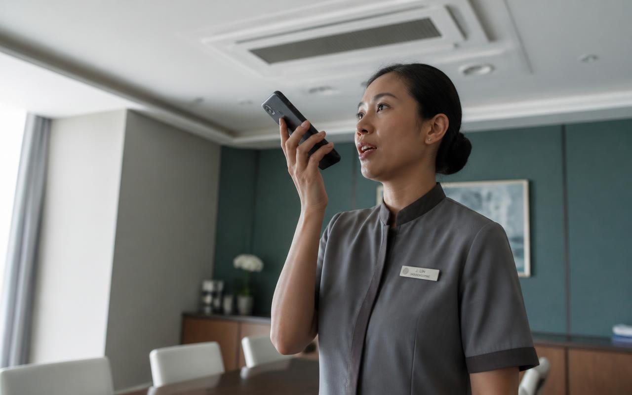 Staff member reporting a maintenance issue from their phone