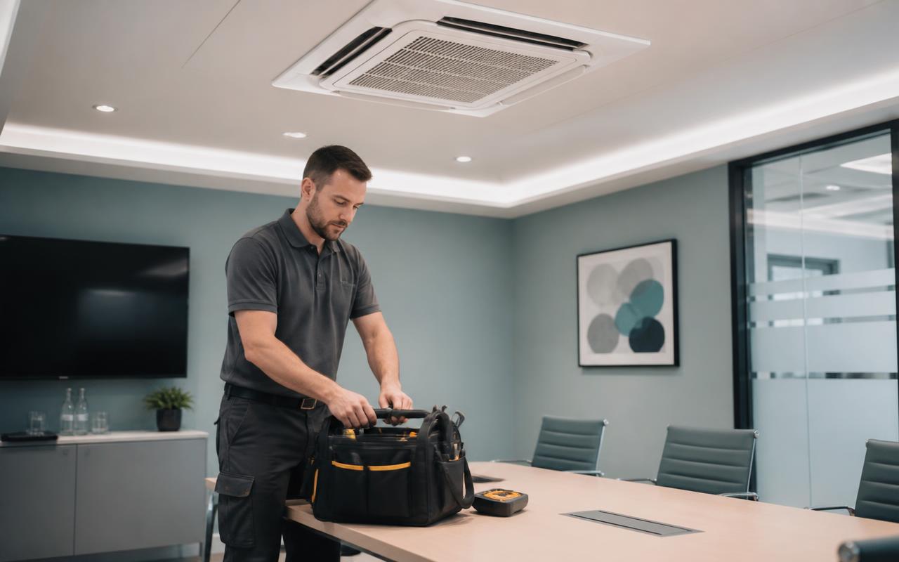 Technician packing up after finishing the air conditioning repair