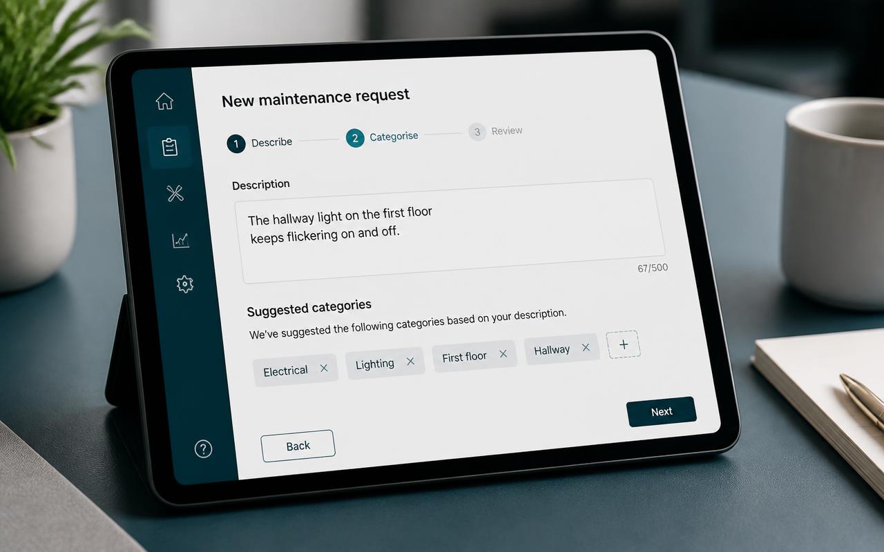 Tablet showing a plain-language report being categorised automatically