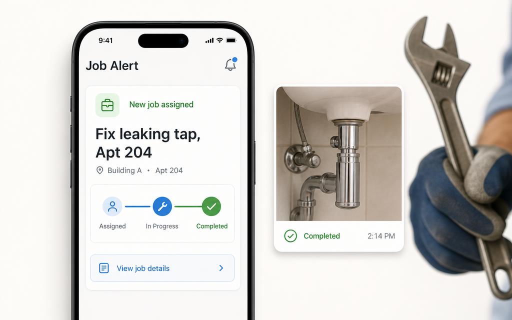 Handyman's phone showing a new job alert moving from assigned to completed with a proof photo and timestamp