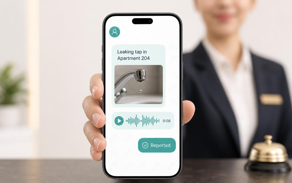 Phone showing a maintenance report: leaking tap in Apartment 204, with photo and voice note